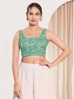 VAMAS - THE DESIGNER BLOUSES - Women Square Neck Padded Saree Stitched Blouse Green