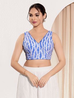 VAMAS - THE DESIGNER BLOUSES - Women V-Neck Padded Saree Stitched Blouse Blue