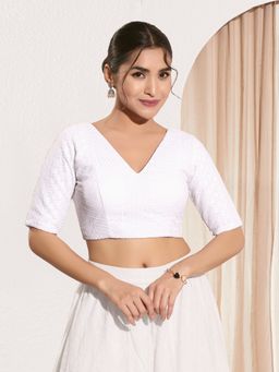 VAMAS - THE DESIGNER BLOUSES - Women V-Neck Padded Saree Stitched Blouse White