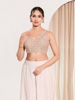 VAMAS - THE DESIGNER BLOUSES - Women V-Neck Padded Saree Stitched Blouse Peach