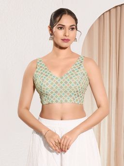 VAMAS - THE DESIGNER BLOUSES - Women V-Neck Padded Saree Stitched Blouse Green