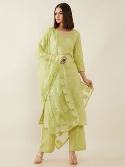 Soch - Green Machine Embroidery Cotton Unstitched Dress Material - 3 Meter Kurta Fabric