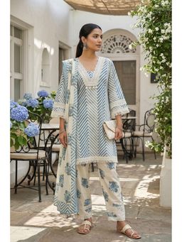 FREYAA - Blue V-Neck Regular Kurta Pant With Dupatta