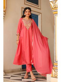 FREYAA - Coral V-Neck Regular Kurta Pant With Dupatta