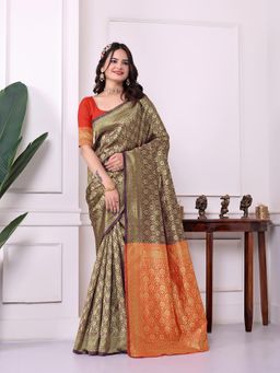 VAIRAGEE - Brown Woven Zari Saree with Unstitched Blouse Piece