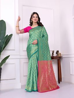 VAIRAGEE - Green Woven Zari Saree with Unstitched Blouse Piece
