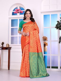 VAIRAGEE - Orange Woven Zari Saree with Unstitched Blouse Piece