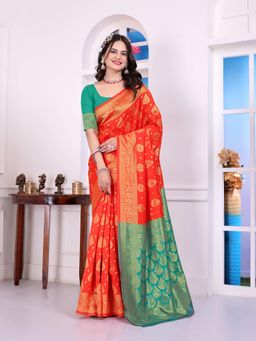VAIRAGEE - Orange Woven Zari Saree with Unstitched Blouse Piece