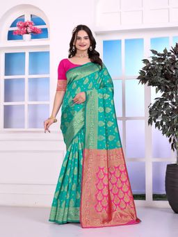 VAIRAGEE - Turquoise Woven Zari Saree with Unstitched Blouse Piece