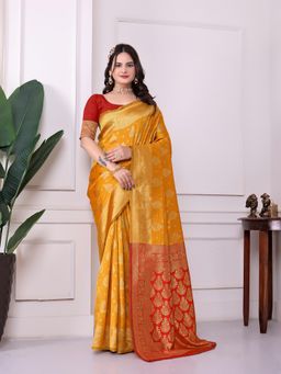 VAIRAGEE - Yellow Woven Zari Saree with Unstitched Blouse Piece