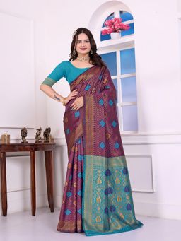 VAIRAGEE - Purple Woven Zari Saree with Unstitched Blouse Piece