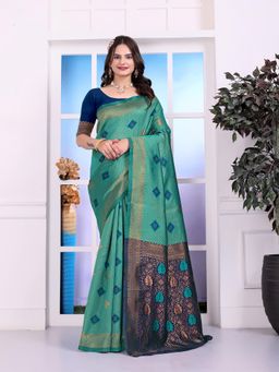 VAIRAGEE - Turquoise Woven Zari Saree with Unstitched Blouse Piece