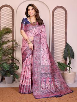 VAIRAGEE - Pink Woven Zari Saree with Unstitched Blouse Piece