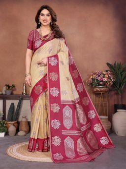 VAIRAGEE - Maroon Woven Zari Saree with Unstitched Blouse Piece