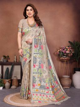 VAIRAGEE - Beige Woven Zari Saree with Unstitched Blouse Piece