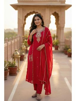 FREYAA - Red Round Neck Regular Kurta Pant With Dupatta