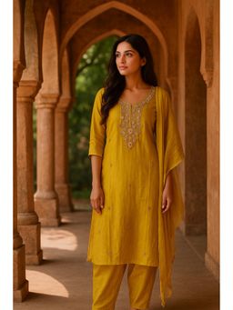 FREYAA - Mustard Round Neck Regular Kurta Pant With Dupatta
