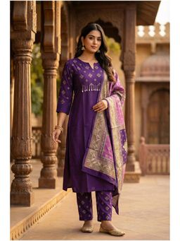 FREYAA - Purple Round Neck Regular Kurta Pant With Dupatta