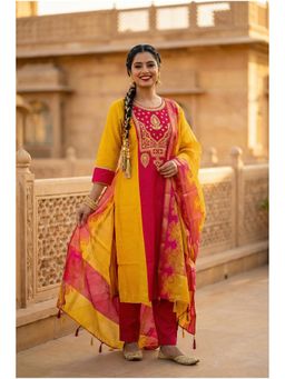 FREYAA - Mustard Round Neck Regular Kurta Pant With Dupatta