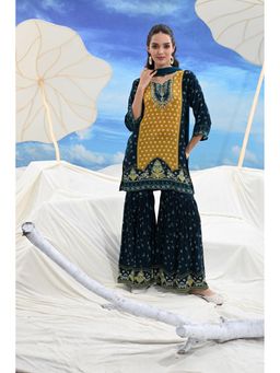 FREYAA - Teal Round Neck Regular Kurta Palazzo With Dupatta