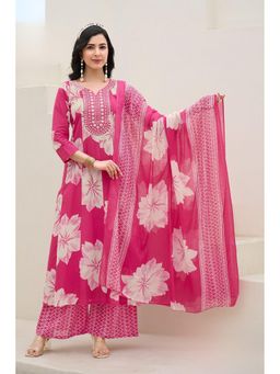 FREYAA - Pink Round Neck Regular Kurta Palazzo With Dupatta