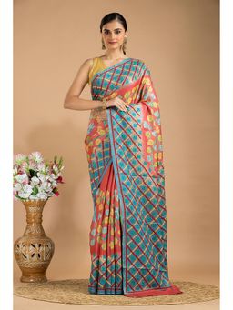 Silk Petalss - Turquoise Embroidered Thread Work Saree With Unstitched Blouse Piece