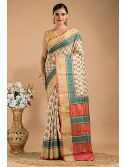 Silk Petalss - Cream Woven Zari Saree With Unstitched Blouse Piece