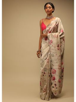 KALKI FASHION - Sand Beige Saree In Tussar Silk Floral Print Border with Unstitched Blouse