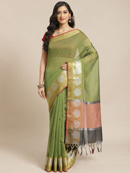 Indethnic - Banarasi Green Stripes Work Wear Saree With Unstitched Blouse