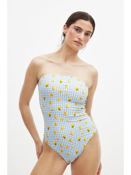 NA-KD - Seersucker Printed Bandeau Swimsuit - Blue/Print