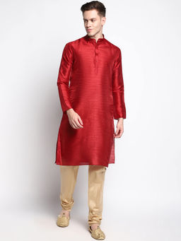 Devoiler - Men Plain Hot Red Silk Kurta