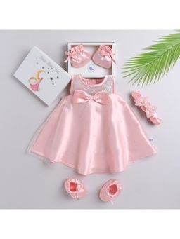 Many Frocks - Pink Satin Net Sleeveless Big Bow Party Dress with Booties Set