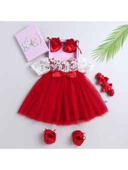 Many Frocks - Red Net Sleeveless Big Bow Party Dress with Booties Set