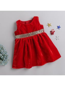 Many Frocks - Red Velvet Sleeveless Lace Embellished Knee Length Dress