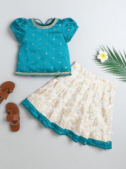 Many Frocks - Teal Poly Slik Banarasi Puff Sleeves Full Length Choli with Lehenga