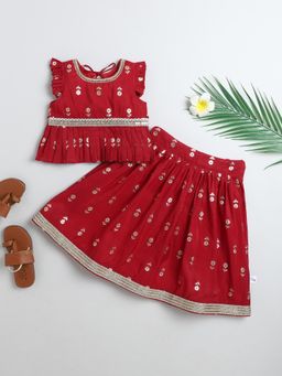 Many Frocks - Maroon Cotton Lace Embellished Full Length Lehenga with Choli