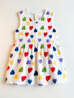 The Boo Boo Club - White Muslin Cotton Multiheart Printed Baby Dress