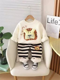 Googo Gaaga - Boys Fleece Off White Printed Sweatshirt with Pant