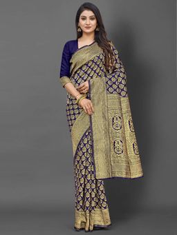 Akhilam - Women Silk Blend Navy Blue Celebrity Saree with Unstitched Blouse
