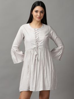 SHOWOFF - Womens Round Neck Mini Off White Checked Dress