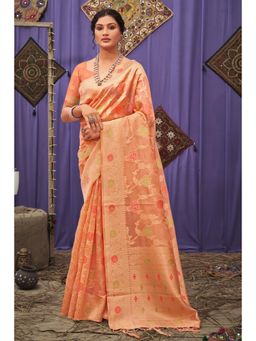 Sangam Prints - Peach Organza Woven Zari Work Traditional Tassel Saree with Unstitched Blouse