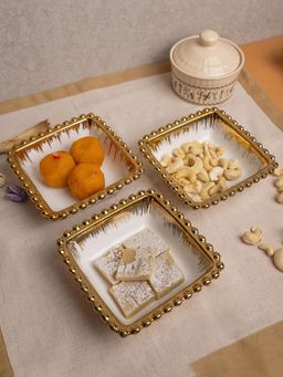 Voncasa - Golden Edge Off White Dish (Set of 3)