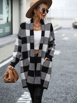 Oh Rare - Coat Plaid Checks Knitted Shrug for Women