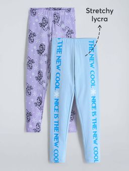Hopscotch - Girls Blue Cotton Blend Printed Leggings (Pack of 2)