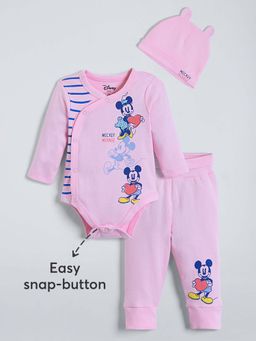 Hopscotch - Boys Pink Cotton Printed Onesie and Pant with Cap