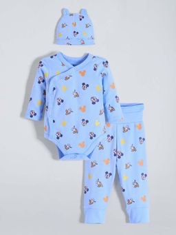 Hopscotch - Boys Blue Cotton Printed Onesie and Pant with Cap