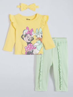 Hopscotch - Girls Yellow Cotton Printed T-shirt and Leggings with Headband
