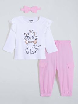 Hopscotch - Girls White Cotton Printed T-shirt and Pant with Headband
