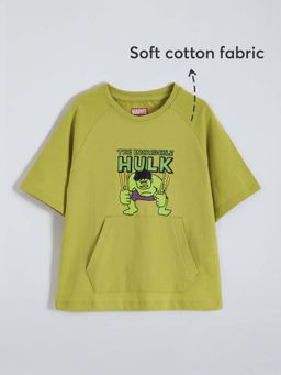 Hopscotch - Boys Olive Cotton Printed T-shirt