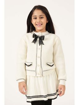 One Friday - Girls Off White Acrylic Self Design Cardigan